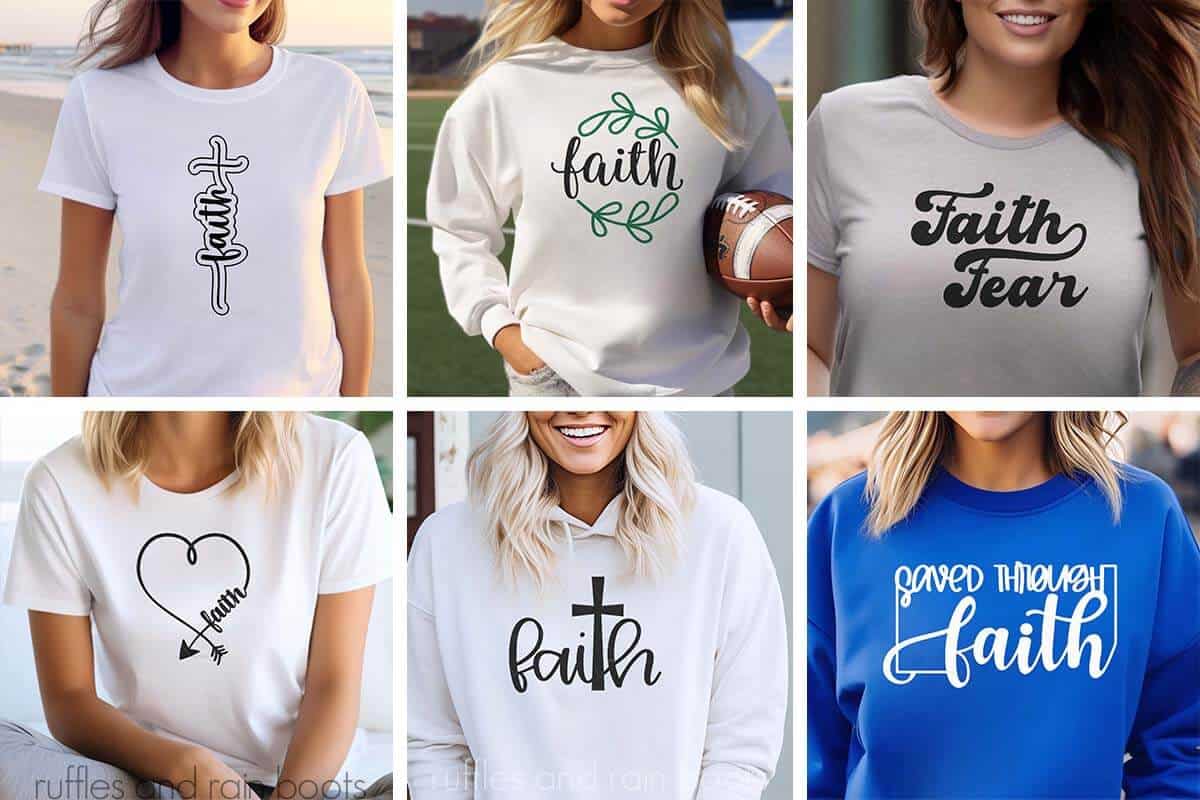 Horizontal six image collage of women in shirts and sweatshirts with Christian designs and free faith based SVG designs.