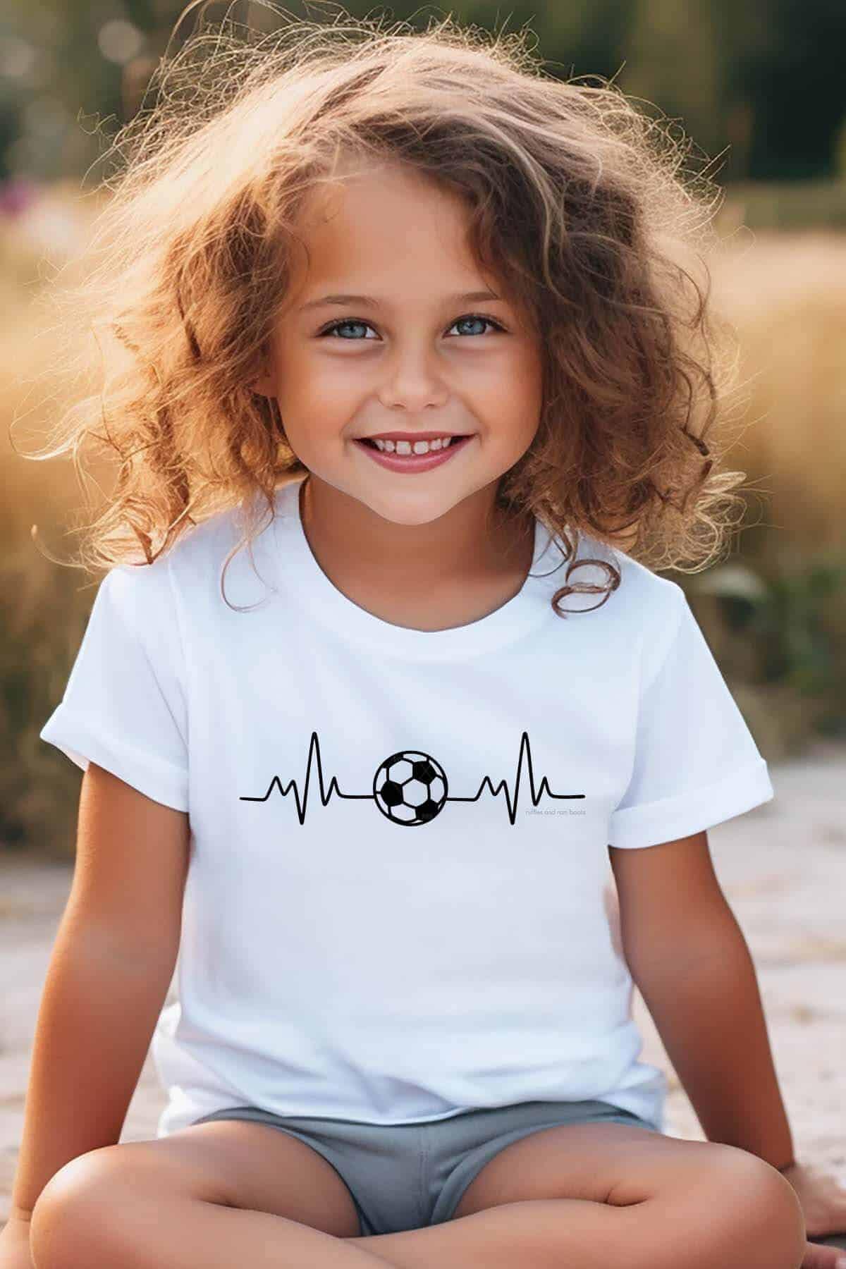 Vertical image of a little boy with long, curly hair on the beach wearing a white t-shirt which has a soccer heartbeat made with black heat transfer vinyl and a free SVG from Ruffles and Rain Boots.