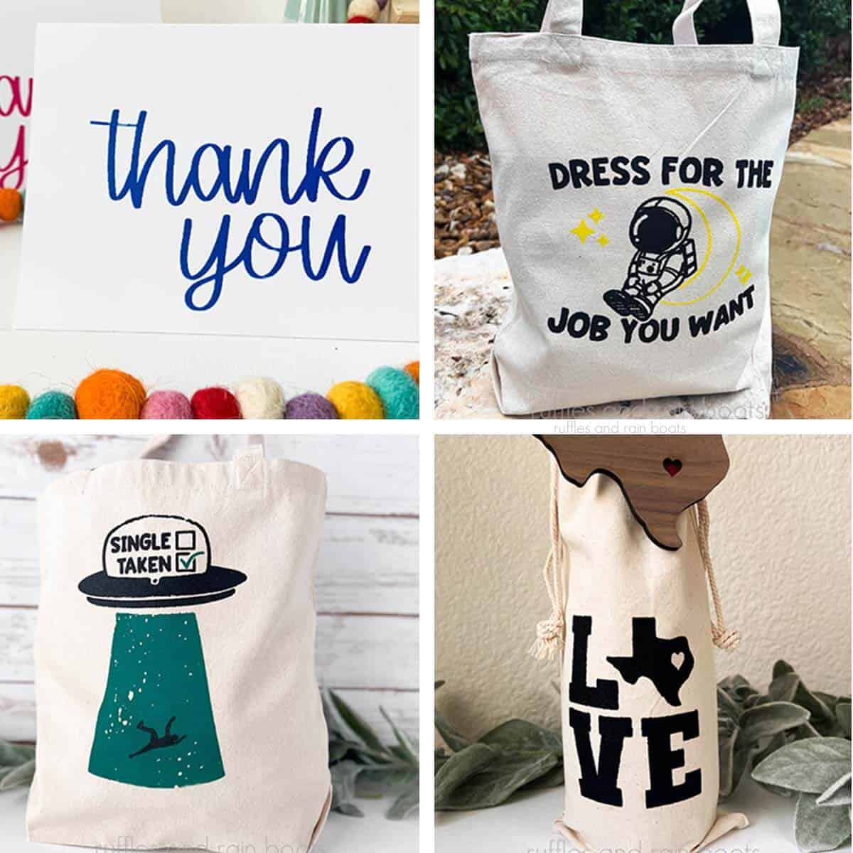 Four image square collage of totes, wine bags, and thank you cards made with the xTool screen printer.