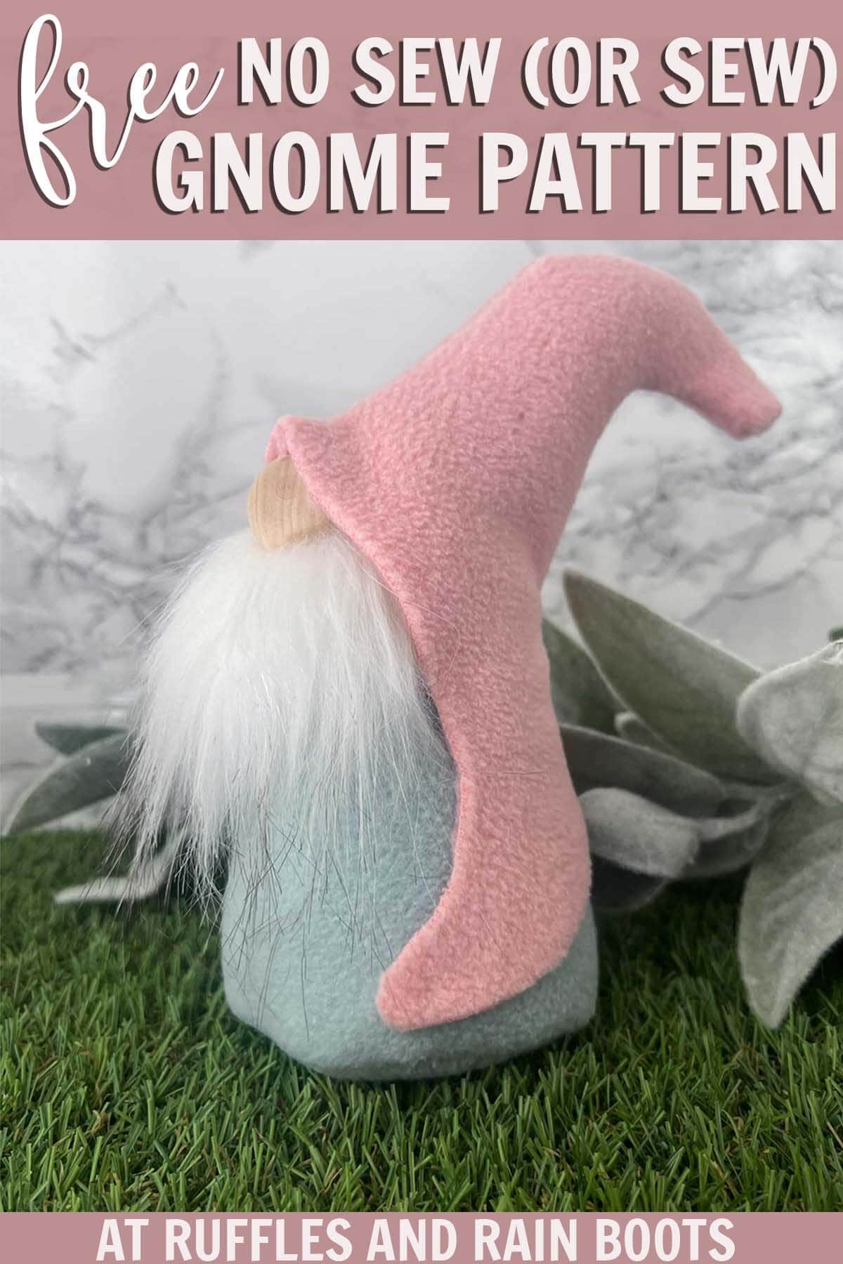 Vertical image of a hook hat pink and blue gnome on grass with text which reads free gnome pattern (no sew or sew).