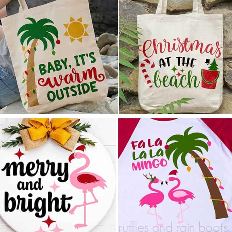 Square, four image collage of beach Christmas SVG designs free from Ruffles and Rain Boots.