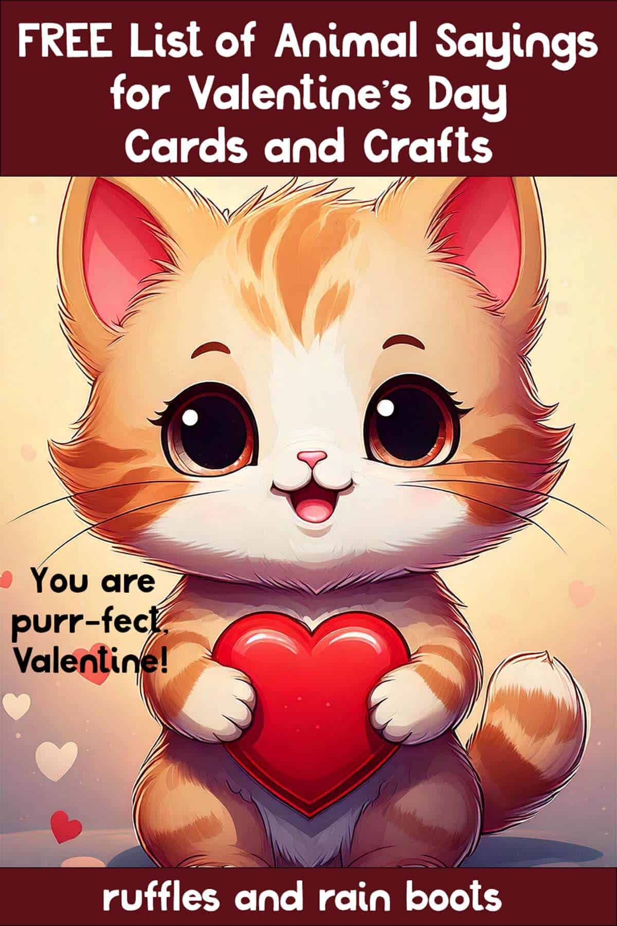 Image of a Kawaii style kitten holding a heart with text which reads free animal says for Valentine's Day.