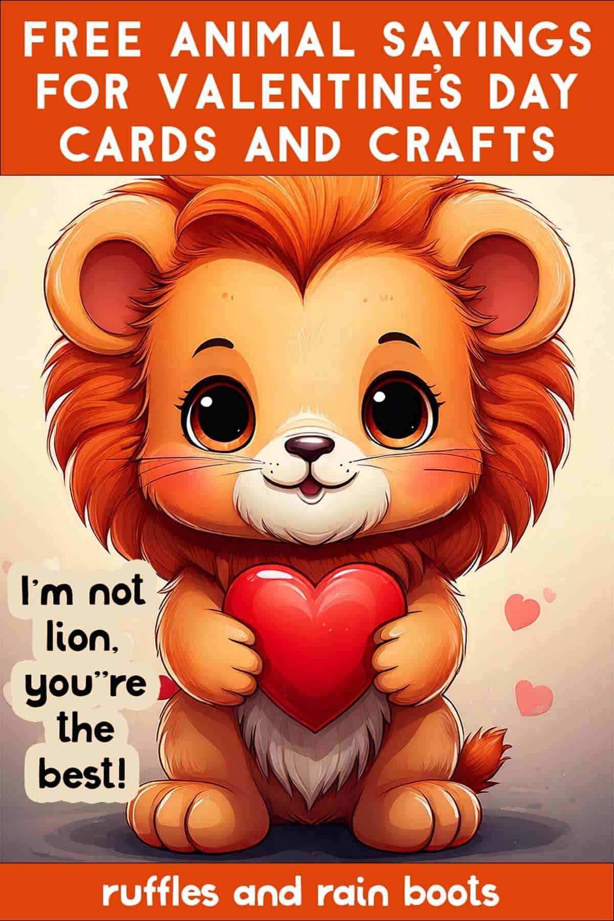 Image of a Kawaii style baby lion holding a heart with text which reads free animal says for Valentine's Day.