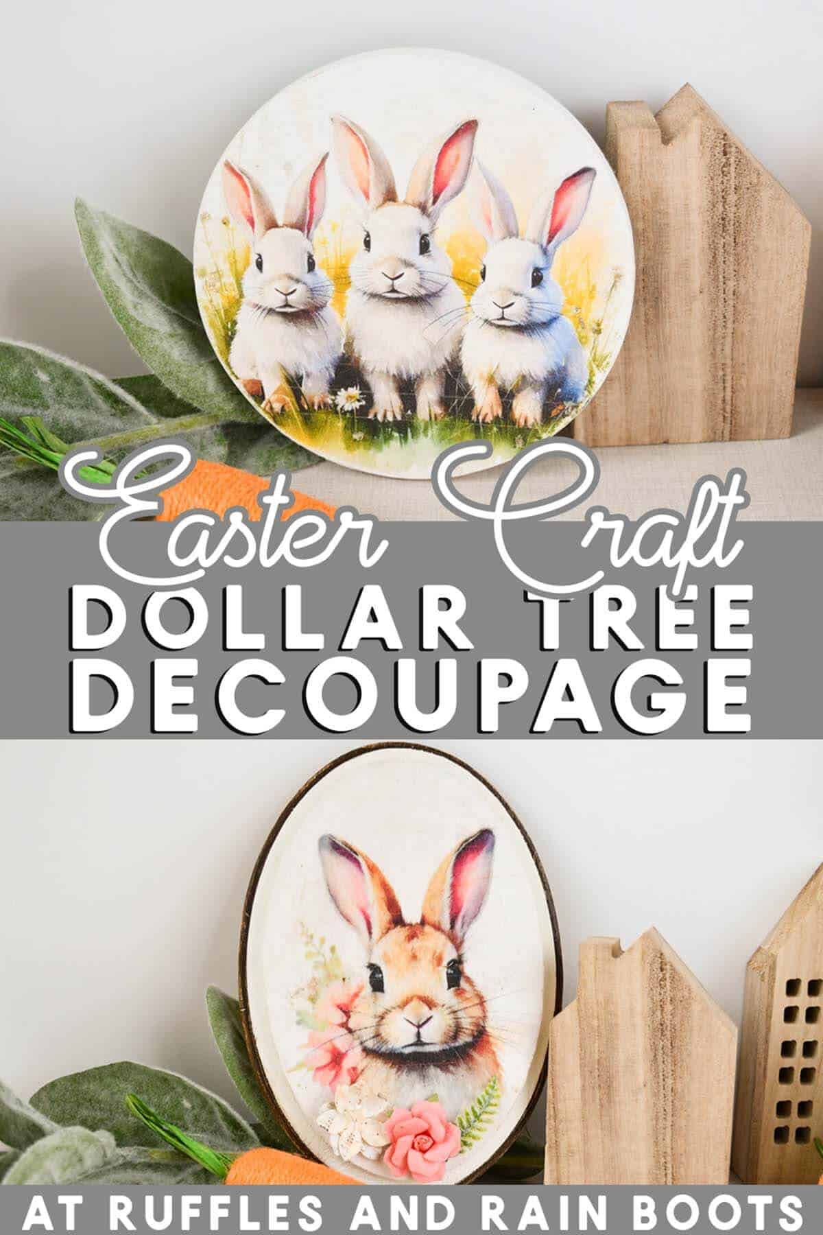 Split vertical image showing two Easter decoupage items with free images from Ruffles and Rain Boots.