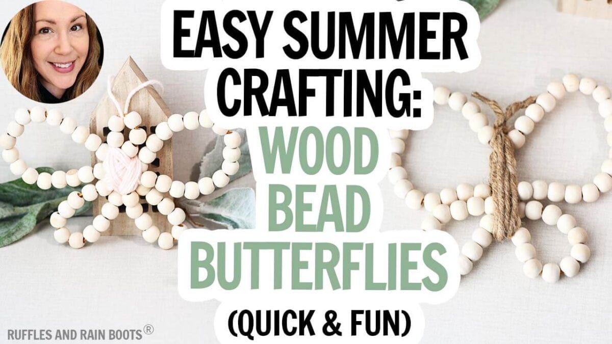 Horizontal YouTube thumbnail showing two butterflies made with wood beads strung onto wire.