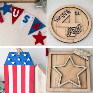 Square, four image collage of wood and felt laser cut projects for July 4th Independence Day.