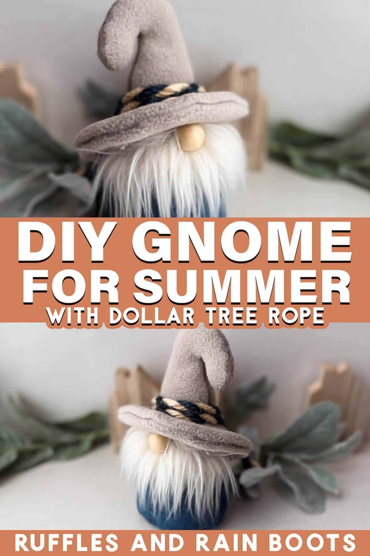 Split vertical image of a DIY gnome for summer using nautical dollar tree accents.