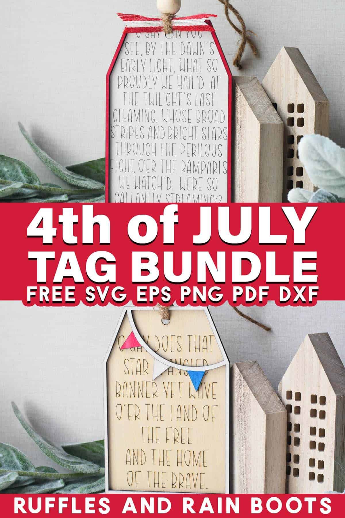 Split vertical image showing tags for Independence Day and text which reads 4th of July tag bundle.