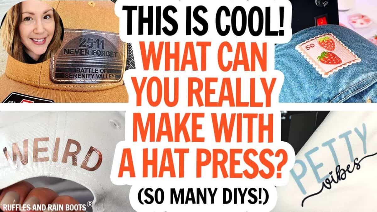 Horizontal image of a YouTube thumbnail for a review video of the hat press from Vevor with swappable pads.