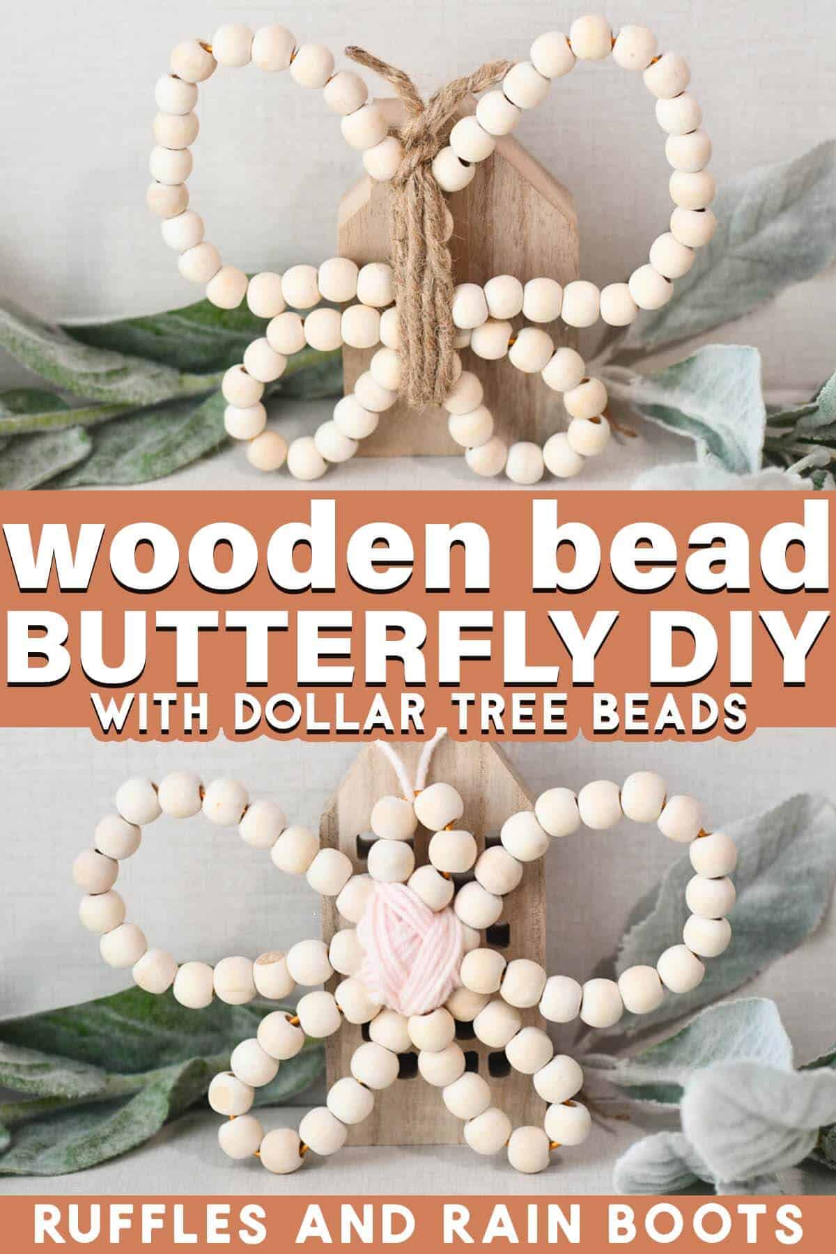 Split vertical image of wood bead butterflies on linen background with text which reads wooden bead butterfly DIY.