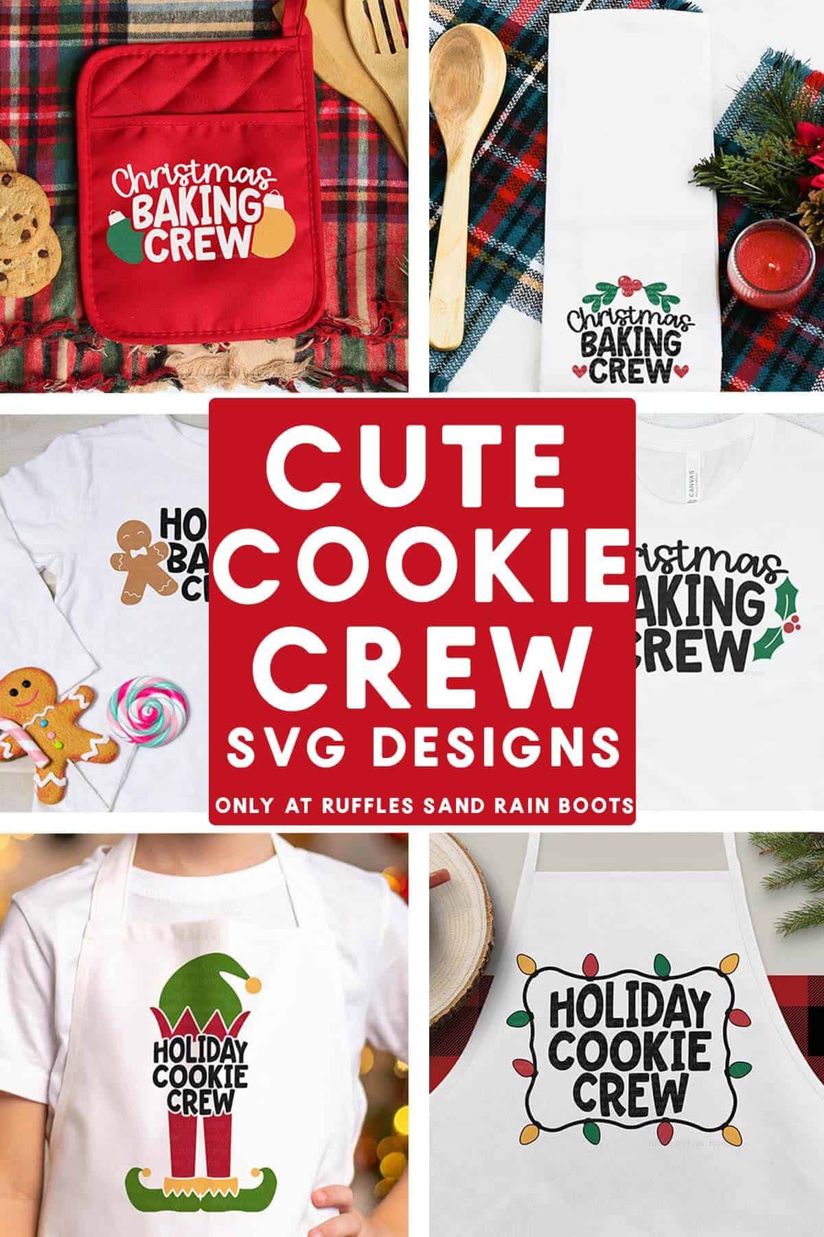 Vertical six image collage of Christmas Cricut made gift ideas with text which reads cute cookie crew SVG designs.