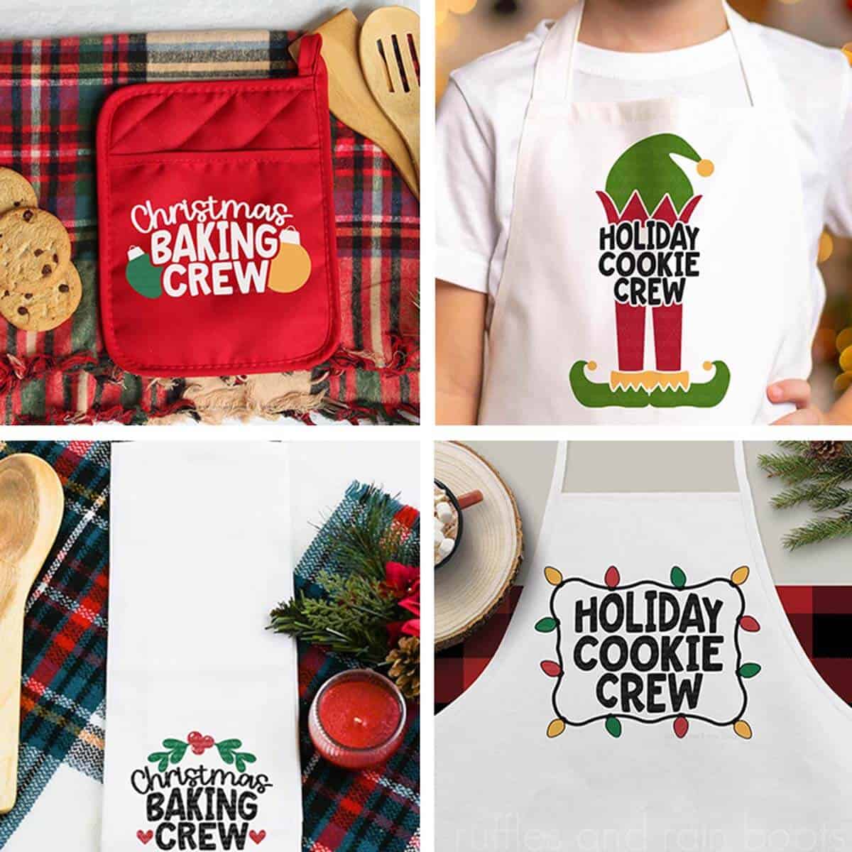 Four image collage of pot holder, towel, and two aprons decorated with holiday cookie crew and baking crew designs.