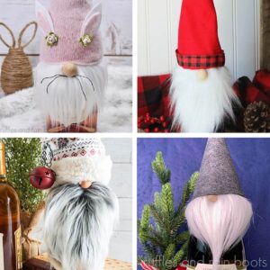 Square 4 image collage of gnome wine bottle covers, toppers, and bags.