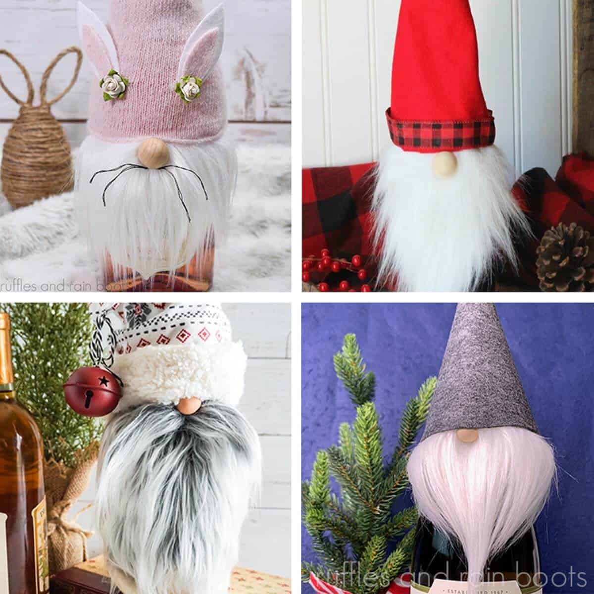 Square 4 image collage of gnome wine bottle covers, toppers, and bags.