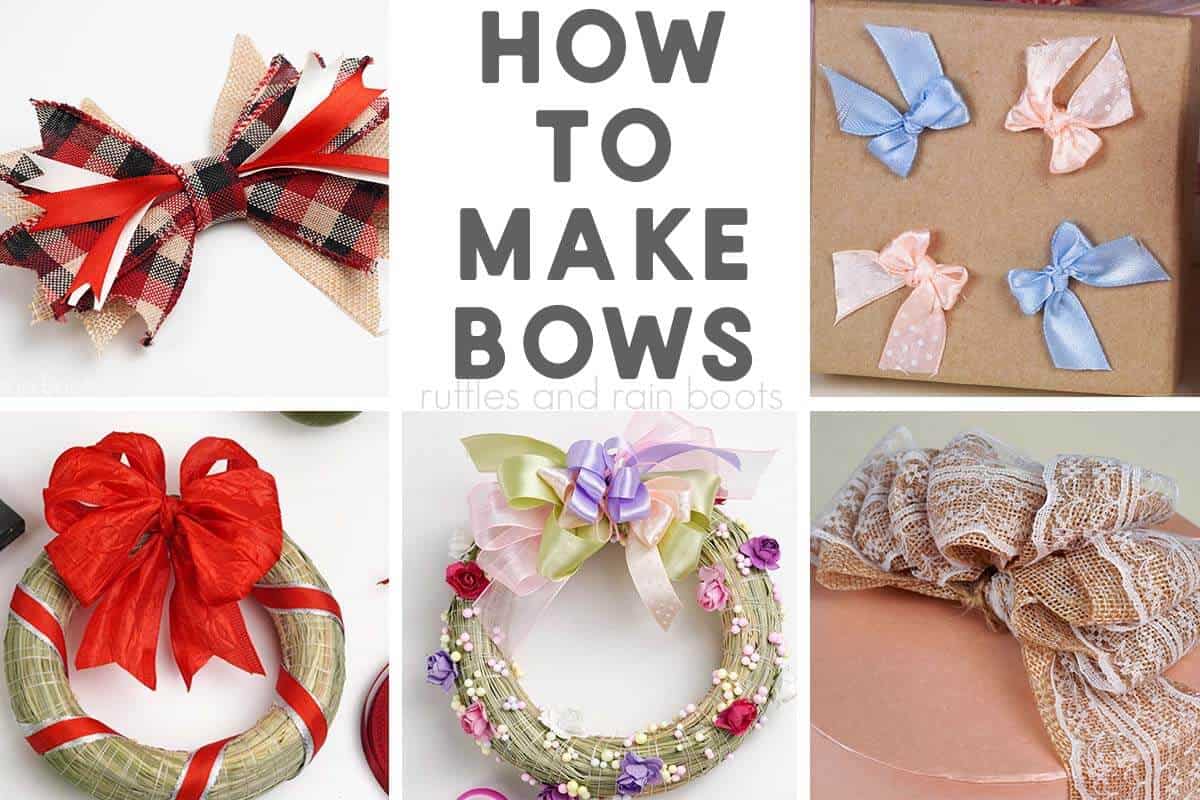 Horizontal 5 image collage of wreaths, bows, and gifts with text which reads how to make bows.