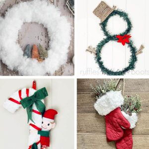 Four image square collage of a snowy wreath, snowman door hanger, mitten holiday foliage display and an elf on a candy cane door hanger.