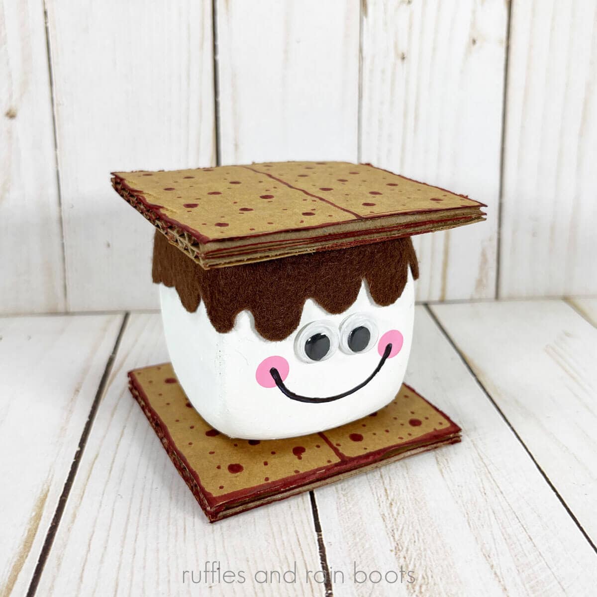 Square close up image of a cute fall craft s'mores project on a wood background.