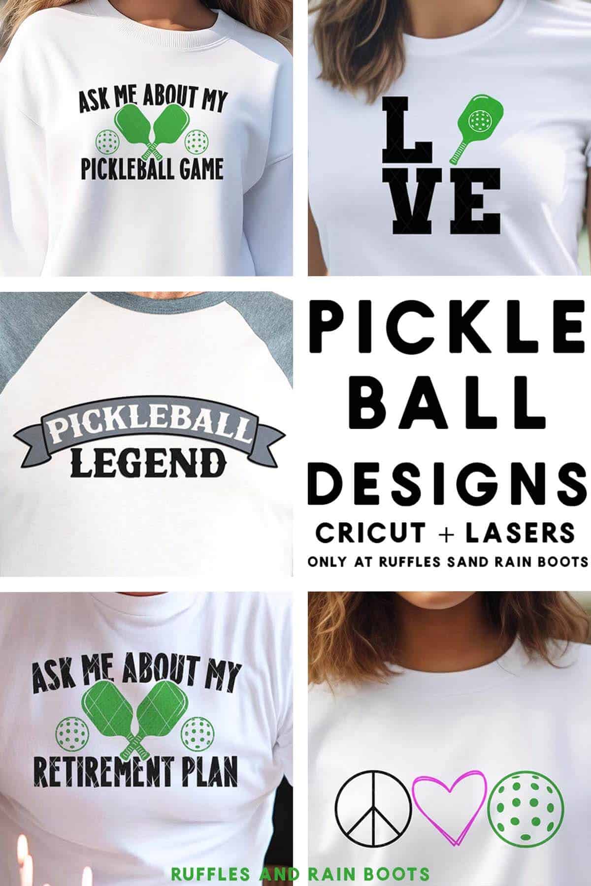 Vertical image of six pickleball cut files for lasers and Cricut machines with text which reads pickleball designs.
