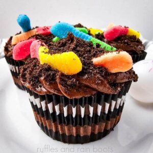 Close up square image of a chocolate cupcake with chocolate buttercream frosting and cookie crumb dirt with gummy worms.