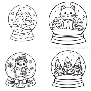 Four image square collage of simple snow globe coloring drawings for kids, including a forest, a cat, a penguin, and a set of Christmas gnomes.
