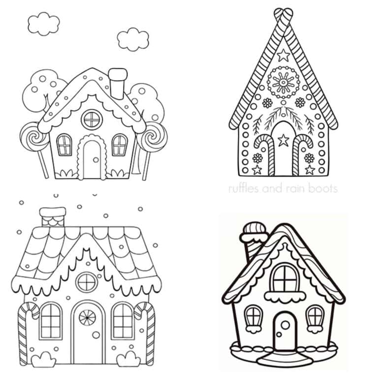 Square four image collage of free gingerbread coloring pages from Sarah with Ruffles and Rain Boots.
