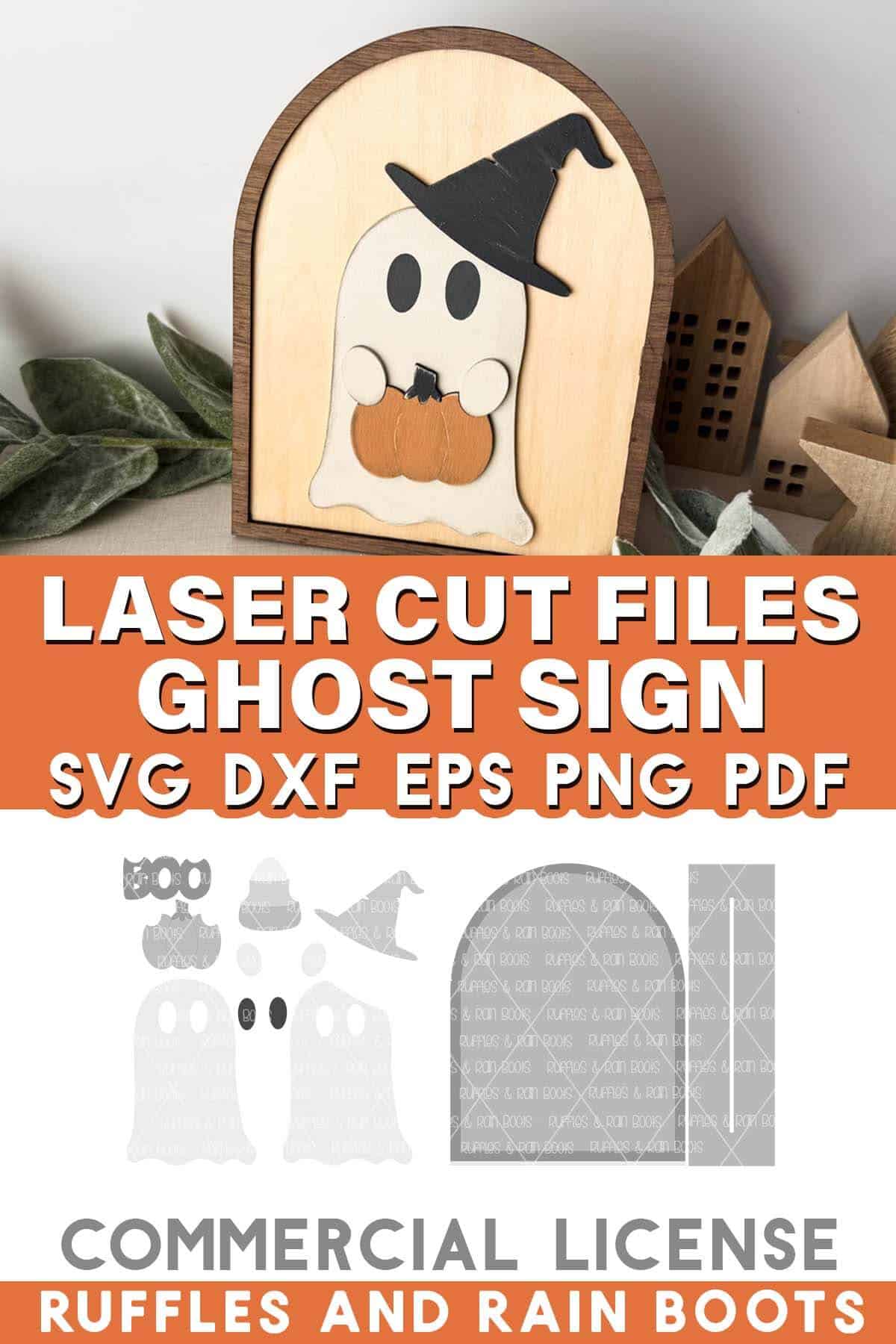 Split vertical image of a Halloween ghost wearing a witch hat and holding a pumpkin with txt which reads laser cut files ghost sign.