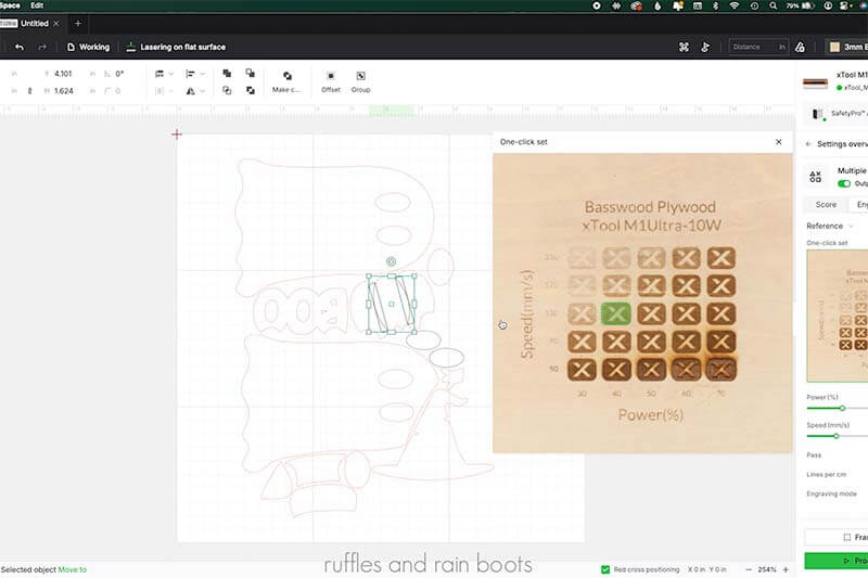 Horizontal image showing settings for M1 Ultra engrave basswood.