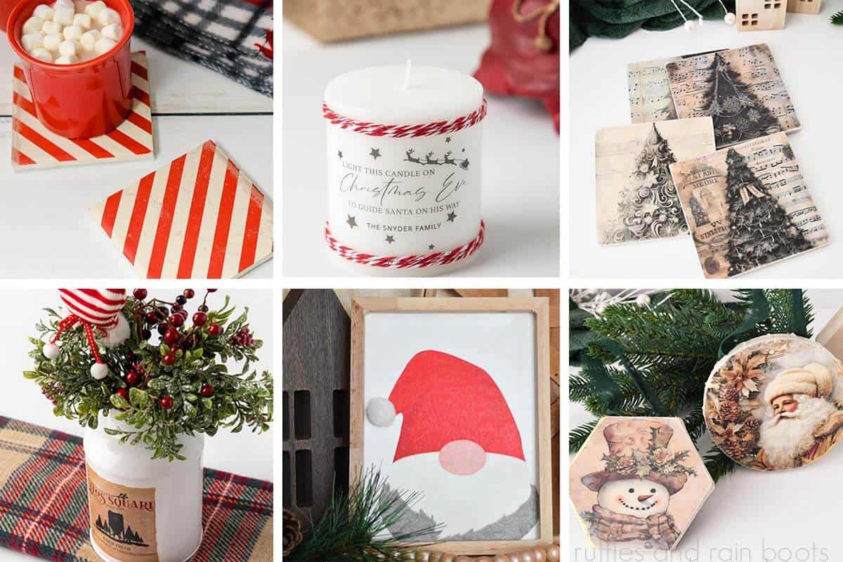 Horizontal, six image collage of holiday decoupage ideas using tile, tin, candles, reverse canvas, and vintage inspired pieces.