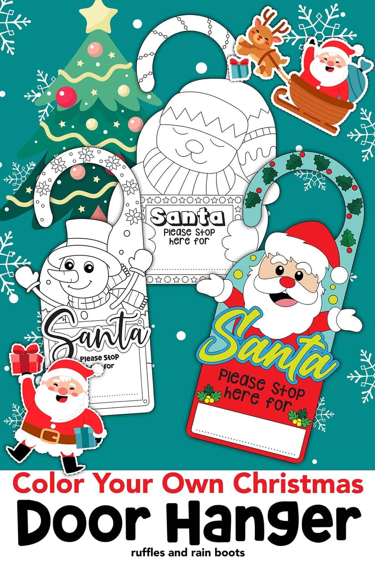Very colorful holiday background and three coloring page door tags with text which reads color your own Christmas door hanger.