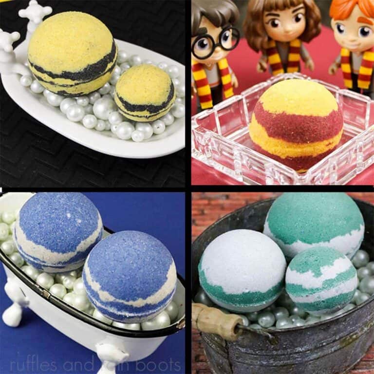 Square four image collage showing red, yellow, blue, and green bath bombs made for the Harry Potter Hogwarts Houses.