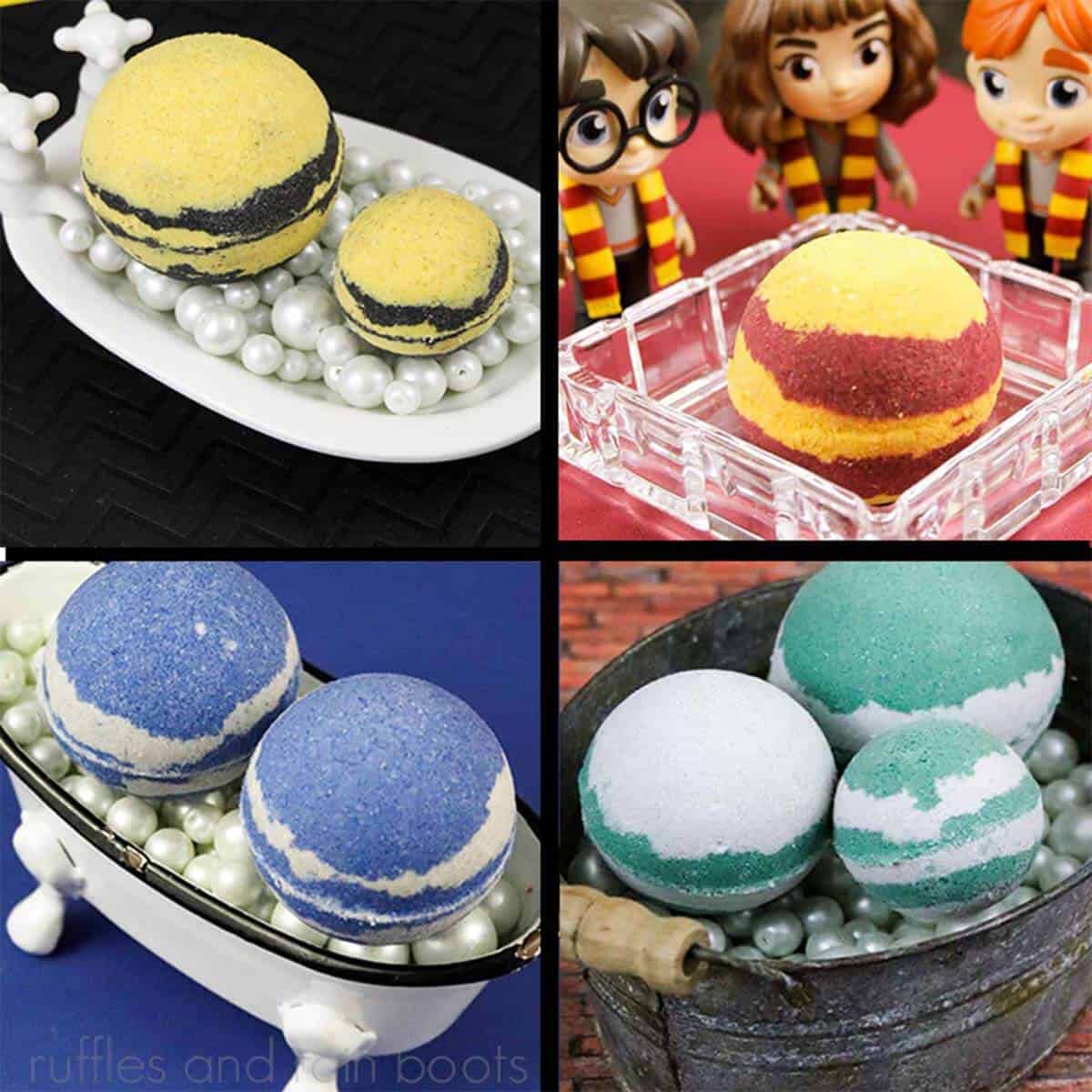 Square four image collage showing red, yellow, blue, and green bath bombs made for the Harry Potter Hogwarts Houses.