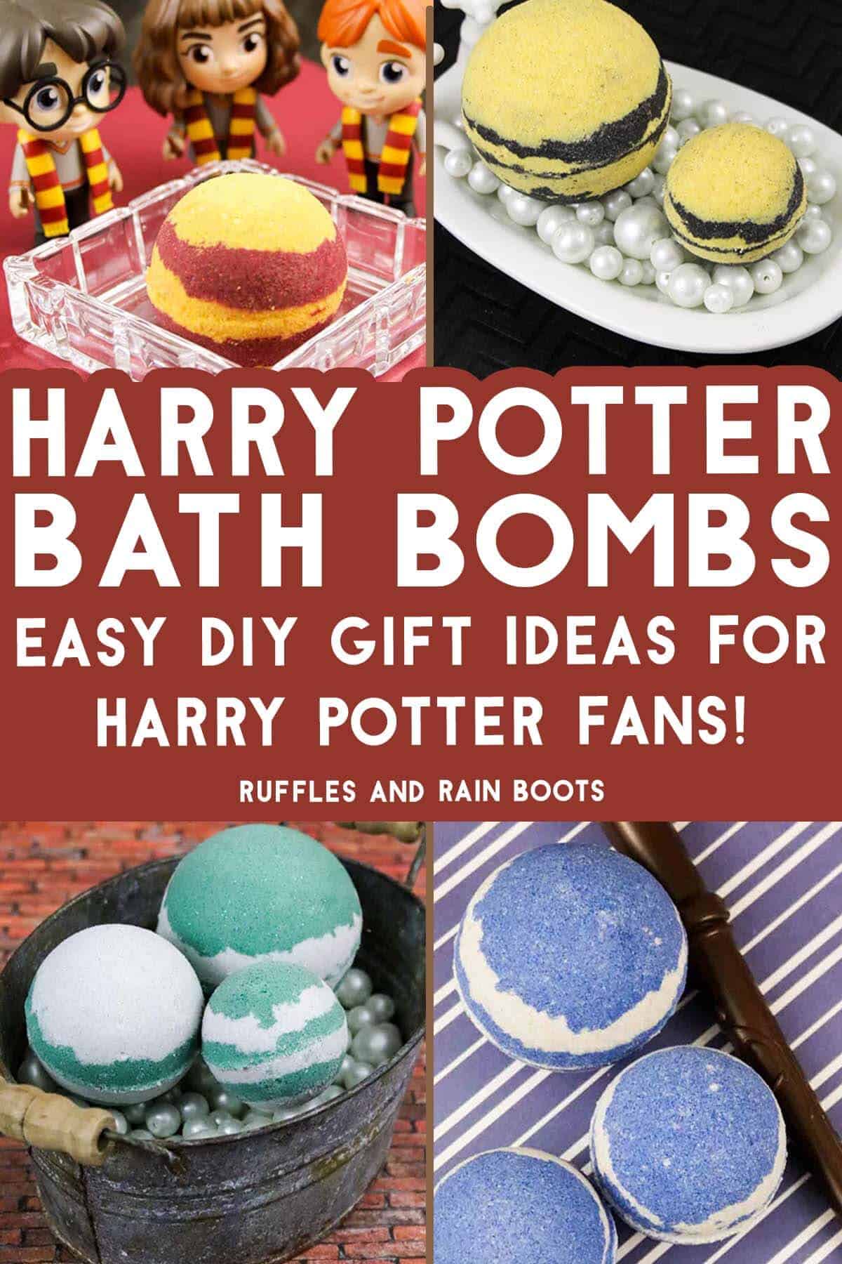 Four image vertical collage of bath fizzies in various colors with text which reads Harry Potter bath bombs easy DIY gift ideas for Harry Potter fans.