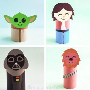 Four image square collage showing Han Solo, Chewbacca, Baby Yoda, and Darth Vader paper puppets.