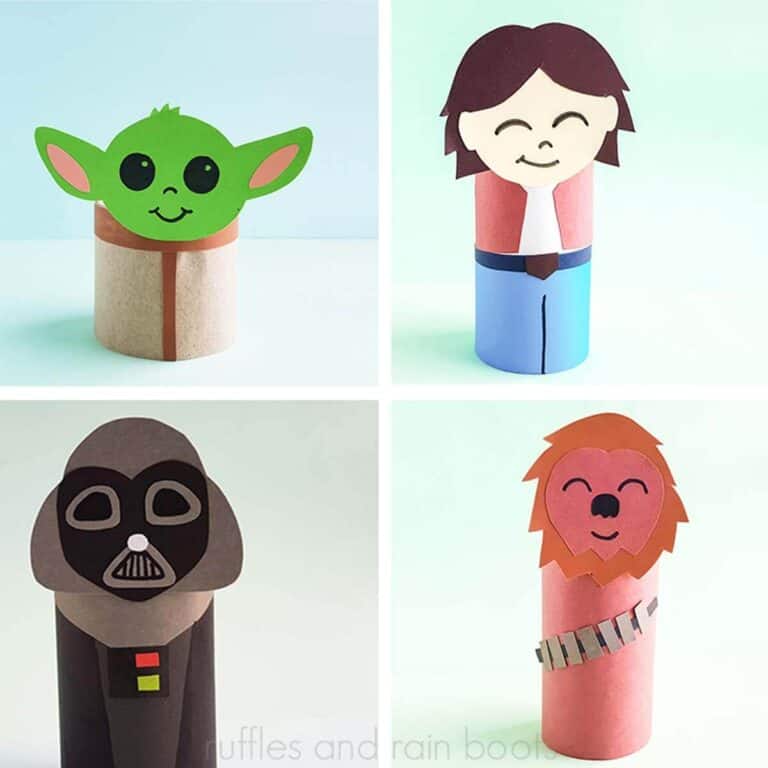Four image square collage showing Han Solo, Chewbacca, Baby Yoda, and Darth Vader paper puppets.