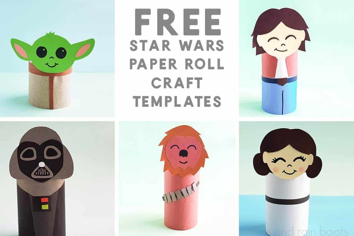 Horizontal image of five characters - Darth Vader, Princess Leia, Han Solo, Chewbacca, and Grogu - with text which reads Free Star Wars Paper Roll Craft Templates.