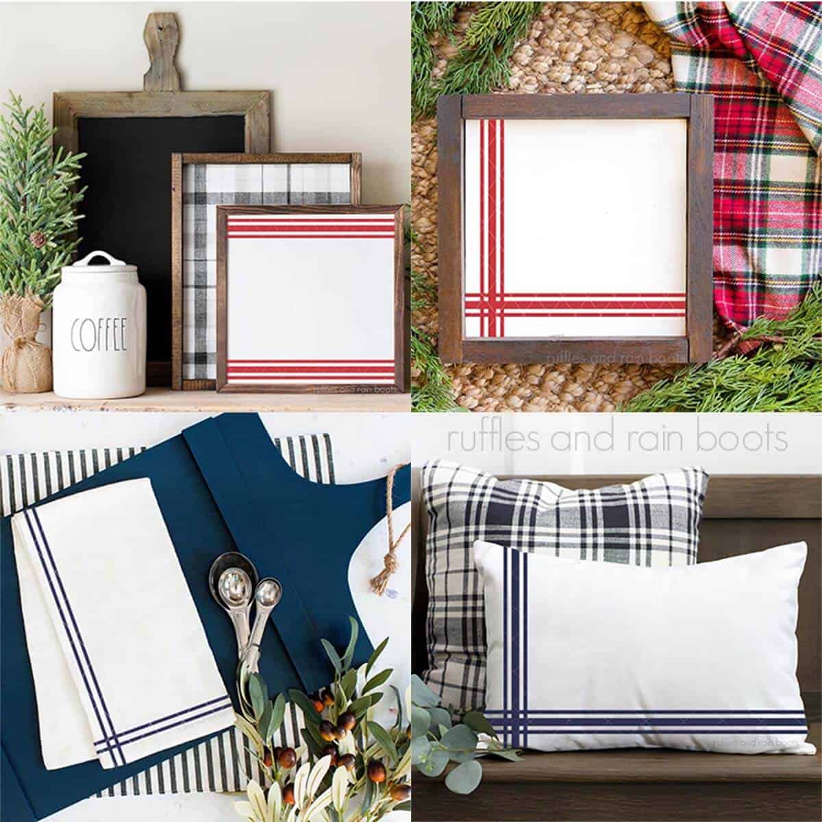 Square image of free flour sack SVG and grain sack SVG designs on frames, pillows, towels, and more.