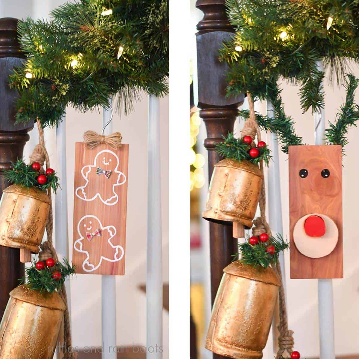Square collage image showing a gingerbread man cedar plank and a reindeer cedar plank Christmas craft hanging on stairs decorated for the holidays.
