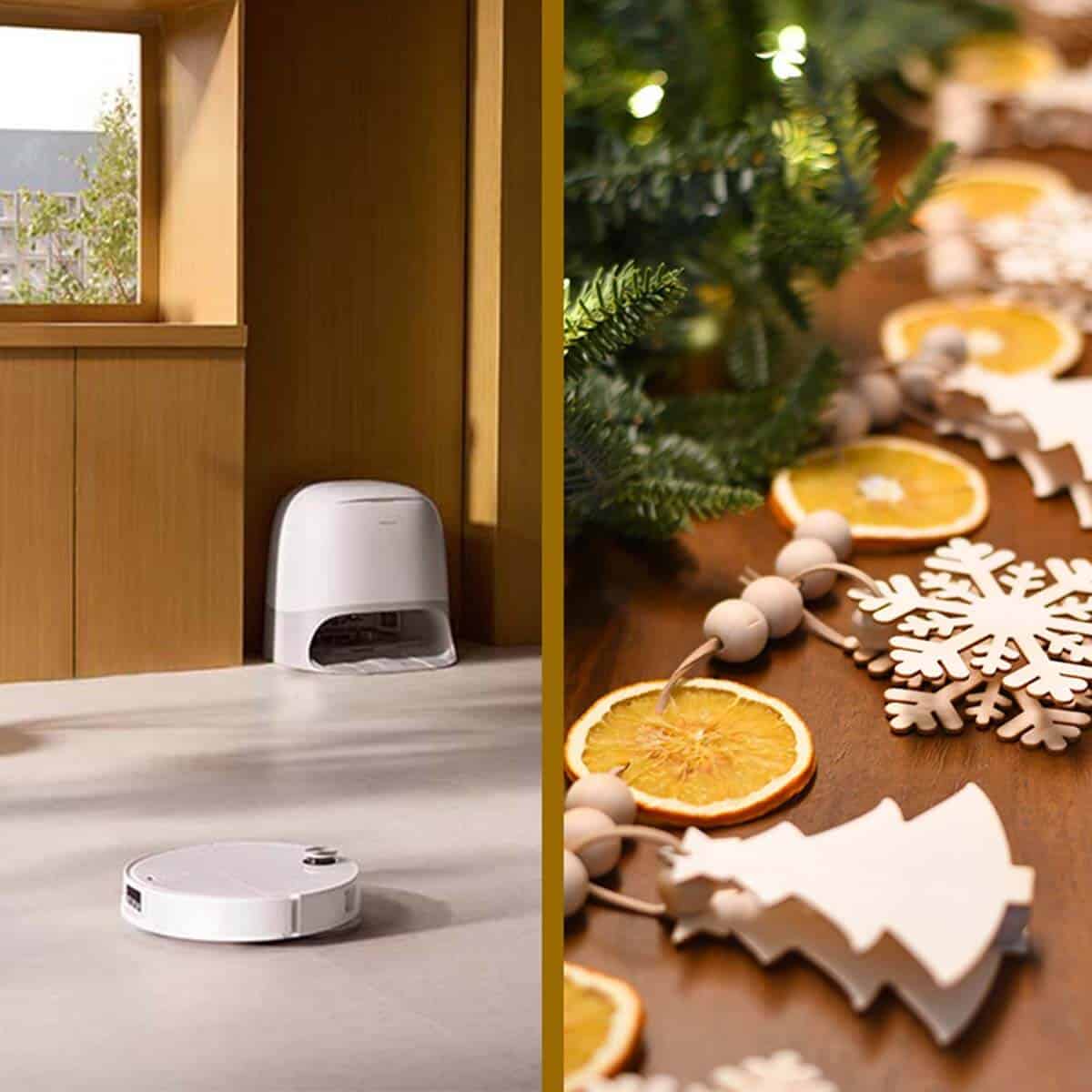 Split image of a Roborock Qrevo CurvX for review and a Christmas garland made while it cleaned the house.