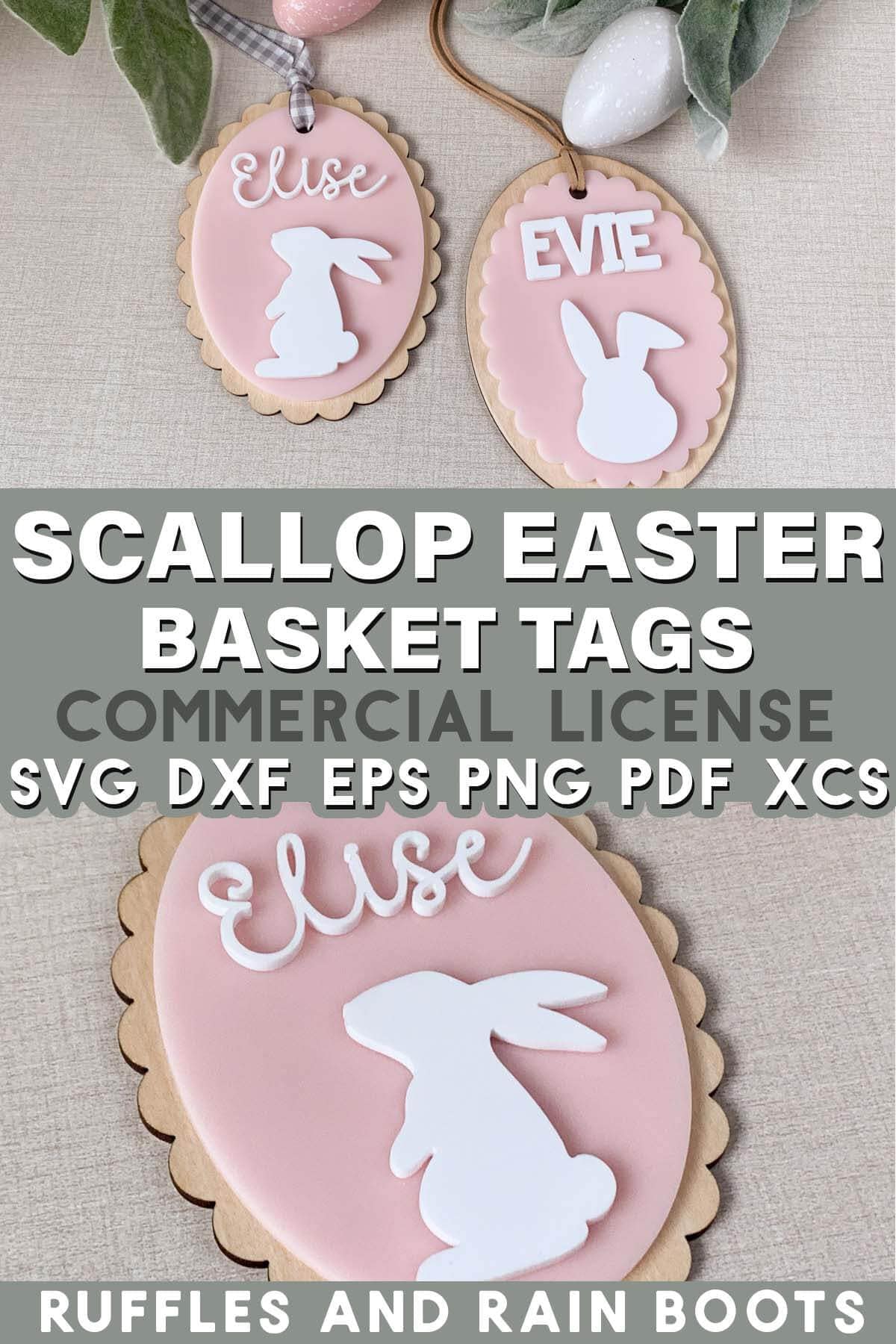 Split vertical image of pink, white, and wood Easter ornaments on a linen background with text which scallop Easter basket tags.