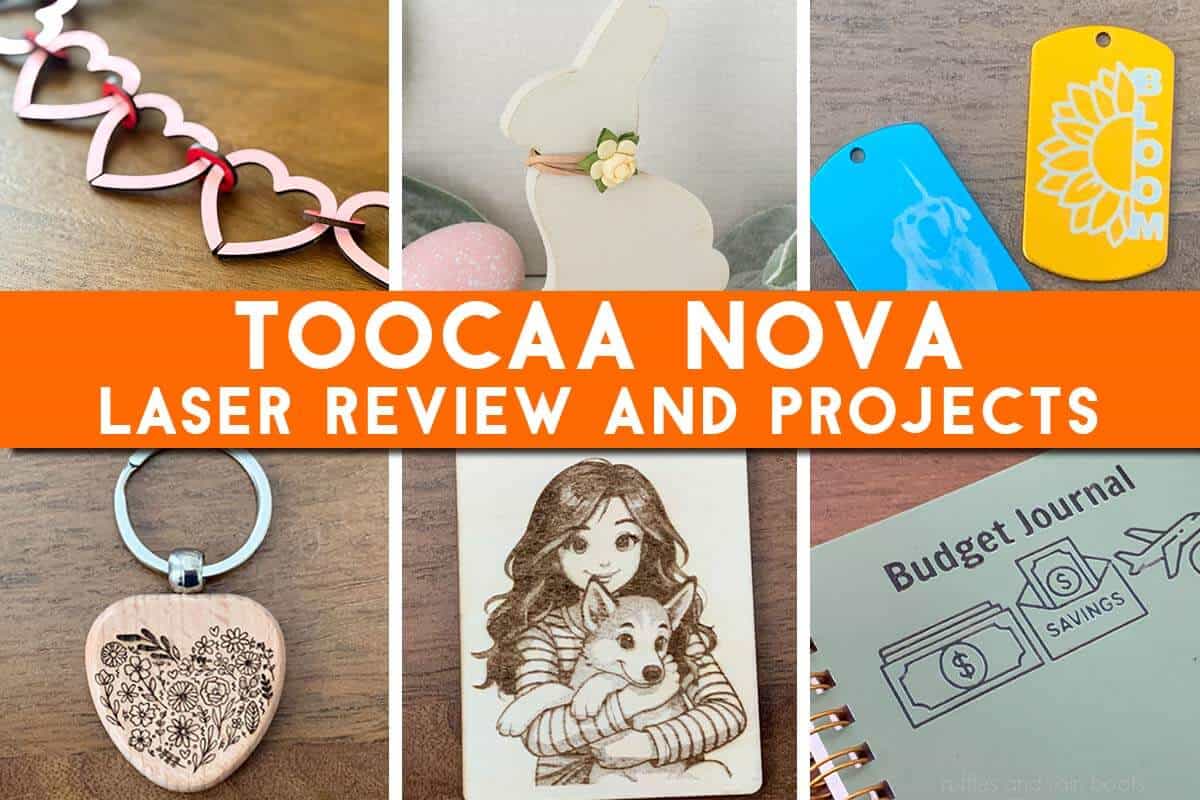 Six image, horizontal collage of projects made with the TOOCAA NOVA laser engraver.