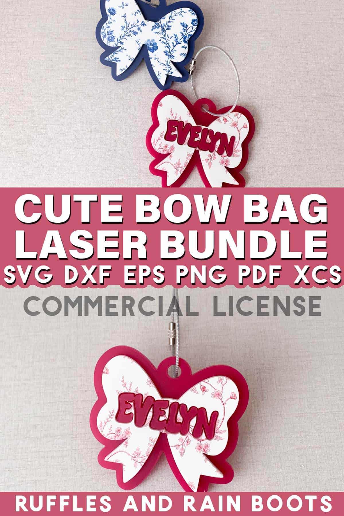 Split vertical image showing pink and white and blue and white bow bag tags with wire cables on a linen background and text which reads cute bow bag laser bundle.