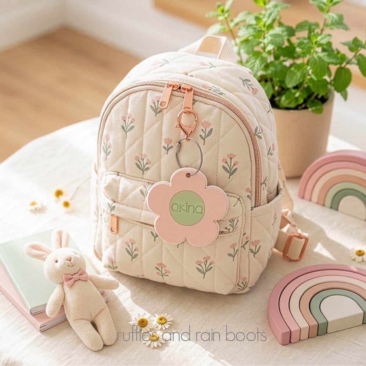 Square image showing a pink and green daisy bag tag on a floral lunch box in a little girl's room.