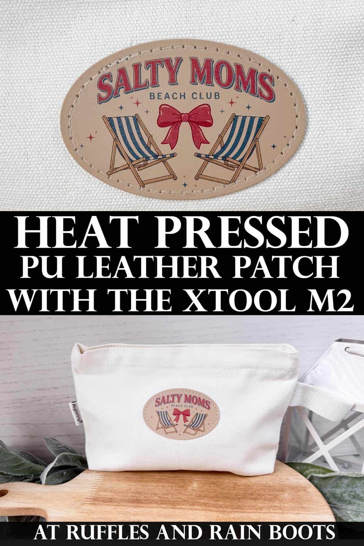 Split vertical image showing a very close up image of a printed, colorful leather patch and one pressed onto a make up bag with text which reads heat pressed PU leather patch.