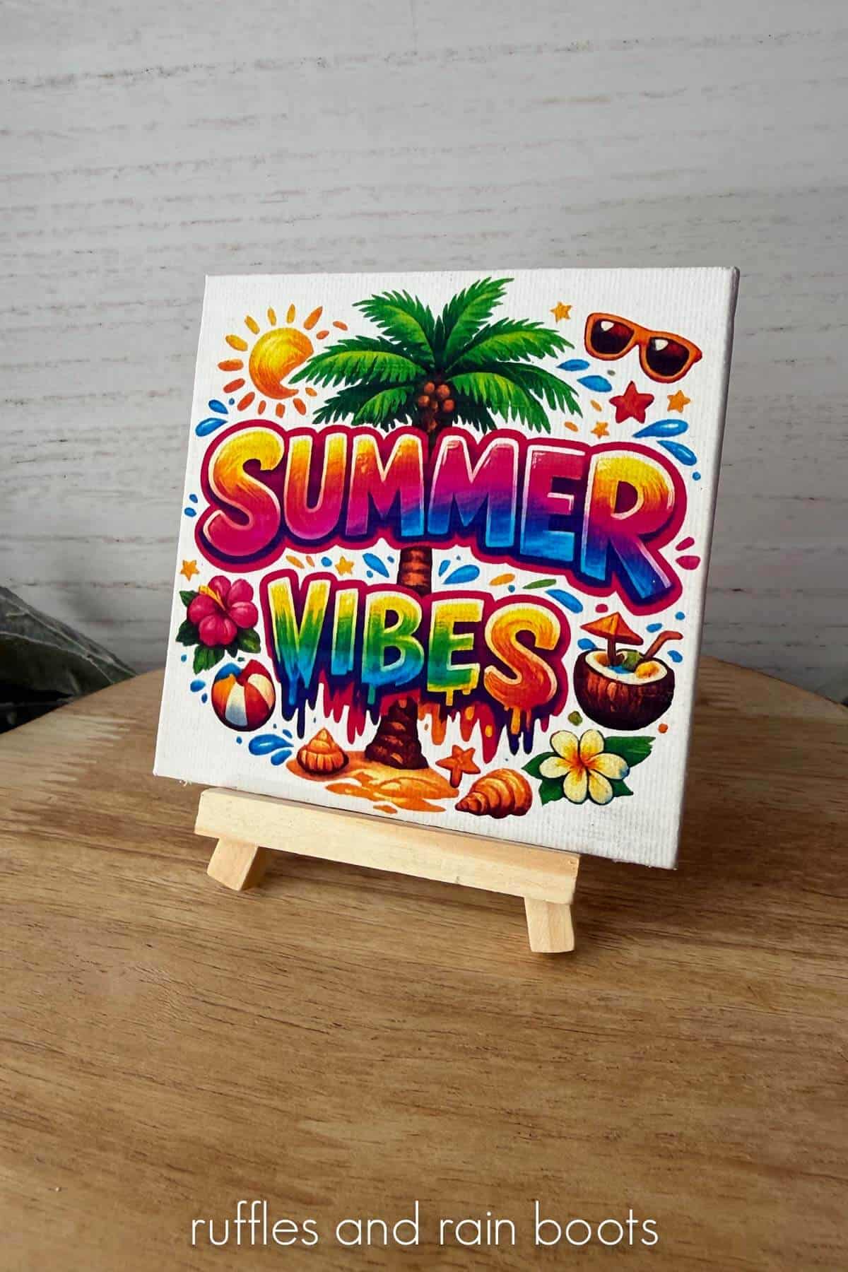 Vertical image of a brightly printer summer design on a white canvas made with the xTool M2.