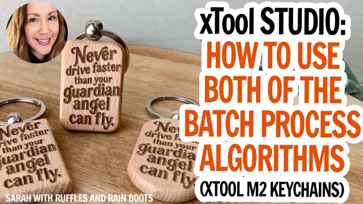 Horizontal thumbnail image of three laser engraved keychains made with the xTool M2 with the title, How to Use both of the batch process algorithms in xTool Studio software.