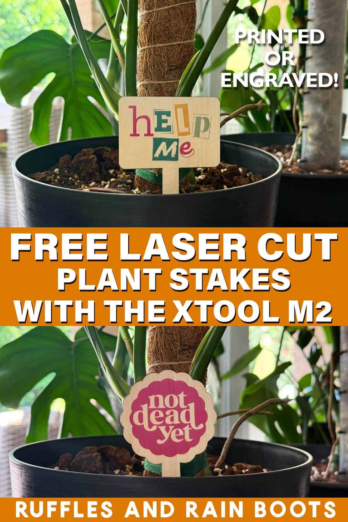 Split vertical image of funny plant stakes in flower pots with text which reads printed or engraved free laser cut plant stakes with the xTool M2.