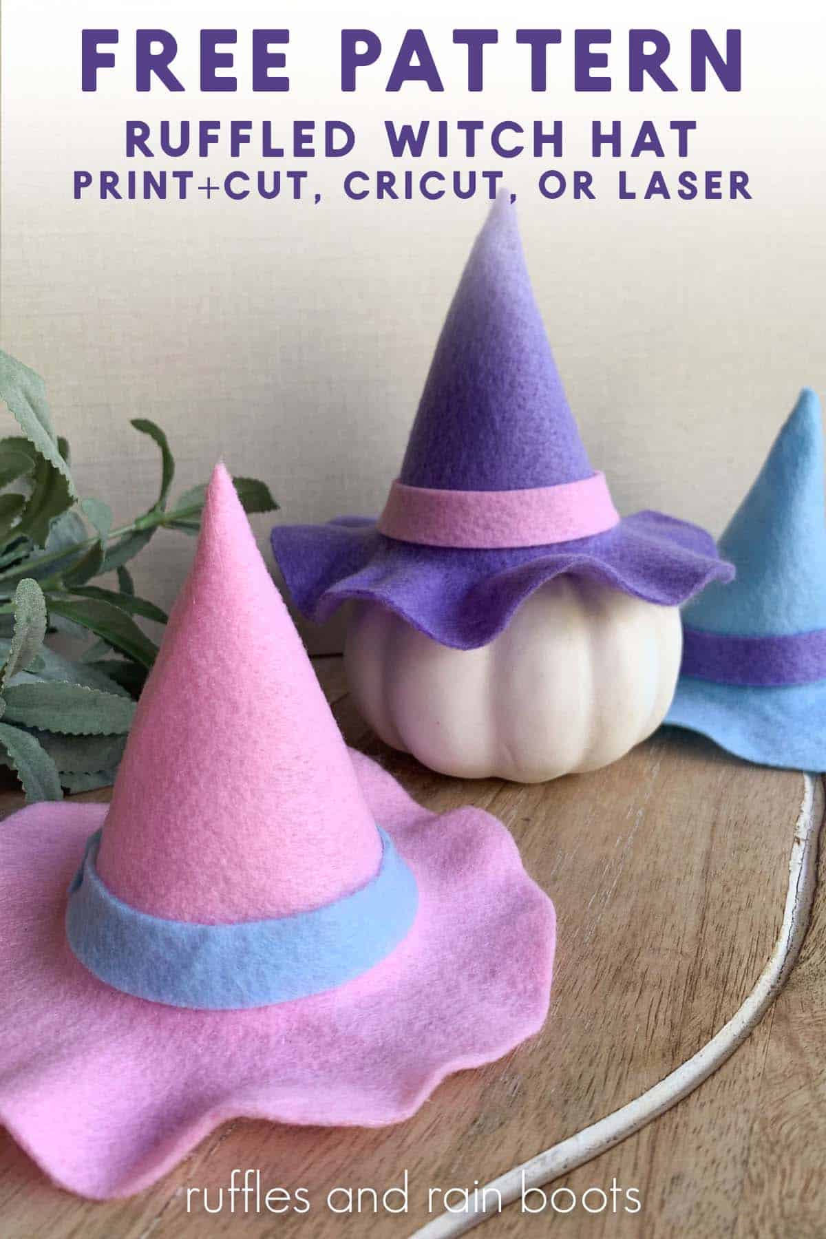 Vertical close up image of a ruffled mini witch hat pattern made into cute felt witch hats.