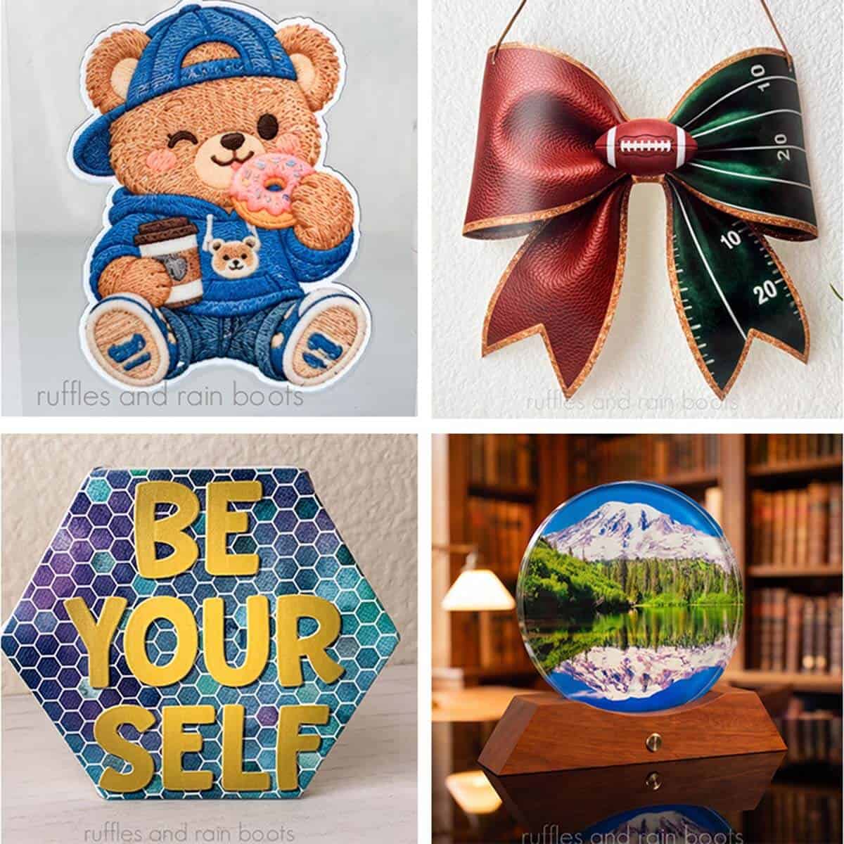 Square, four image collage of UV printed products to make and sell using the xTool O1.