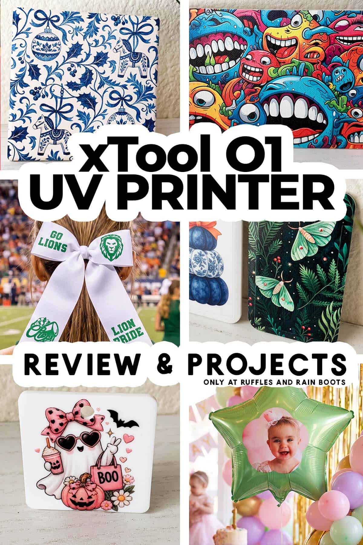 Six image collage of UV printed product ideas with text which reads xTool O1 UV printer review and projects.