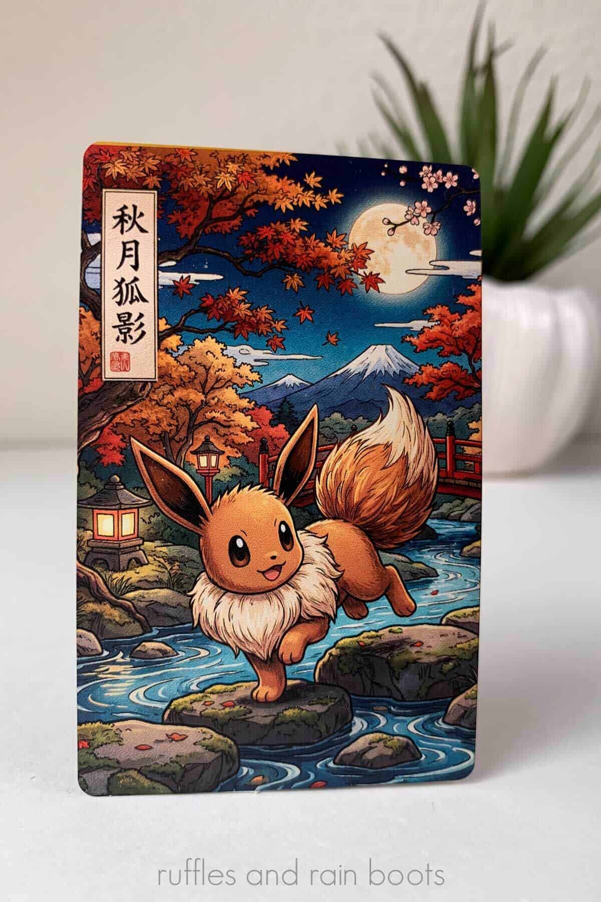 Vertical image of Eevee, a favorite Pokemon, in a Japanese fall scene with Mount Fuji in the background.
